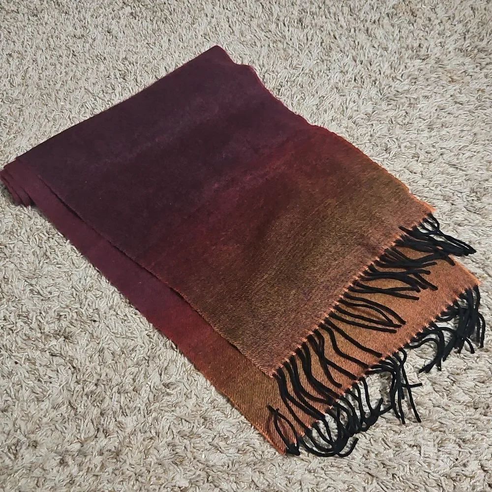 100% Cashmere Scotland Ombré Scarf Orange Burgundy Black Fringe
